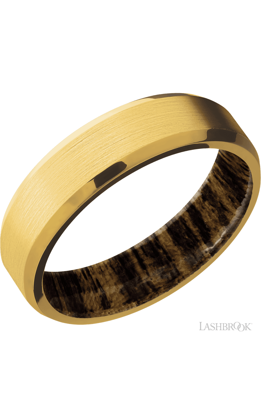 6 mm wide Beveled 18K Yellow Gold band featuring a Bocote sleeve.