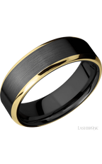 7 mm wide/Beveled/Zirconium band with two 1 mm Edge inlays of 14K Yellow Gold.