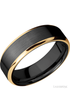 7 mm wide/Beveled/Zirconium band with two 1 mm Edge inlays of 14K Yellow Gold.