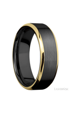 7 mm wide/Beveled/Zirconium band with two 1 mm Edge inlays of 14K Yellow Gold.