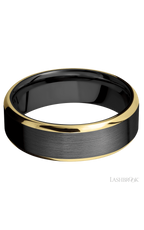 7 mm wide/Beveled/Zirconium band with two 1 mm Edge inlays of 14K Yellow Gold.