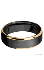 7 mm wide/Beveled/Zirconium band with two 1 mm Edge inlays of 14K Yellow Gold.