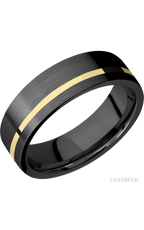 7 mm wide/Flat/Zirconium band with one 1 mm Off Center inlay of 14K Yellow Gold.