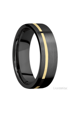 7 mm wide/Flat/Zirconium band with one 1 mm Off Center inlay of 14K Yellow Gold.
