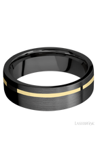 7 mm wide/Flat/Zirconium band with one 1 mm Off Center inlay of 14K Yellow Gold.
