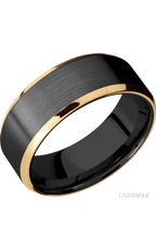 8 mm wide/Beveled/Zirconium band with two 1 mm Edge inlays of 14K Yellow Gold.