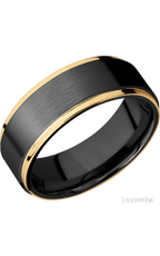 8 mm wide/Flat Grooved Edges/Zirconium band with two 1 mm Edge inlays of 14K Yellow Gold.