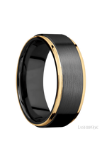 8 mm wide/Flat Grooved Edges/Zirconium band with two 1 mm Edge inlays of 14K Yellow Gold.
