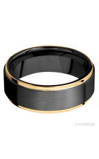8 mm wide/Flat Grooved Edges/Zirconium band with two 1 mm Edge inlays of 14K Yellow Gold.