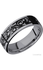 7 mm wide/Flat/Tantalum band with a laser carved Western Scroll pattern.