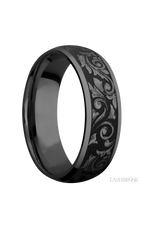 7 mm wide/Domed/Zirconium band with a laser carved Western Scroll pattern.