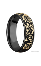 7 mm wide/Domed/Zirconium band with one 6 mm Centered inlay of 14K Yellow Gold with a laser carved Western Scroll pattern.
