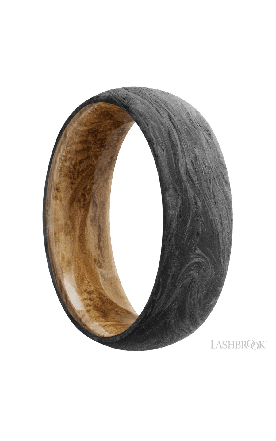 7 mm wide Domed Forged Carbon Fiber band featuring a Whiskey Barrel sleeve.