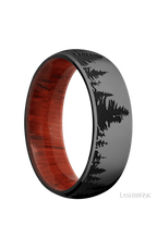 7 mm wide/Domed/Zirconium band with a laser carved Trees pattern also featuring a Padauk sleeve.