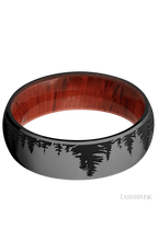 7 mm wide/Domed/Zirconium band with a laser carved Trees pattern also featuring a Padauk sleeve.