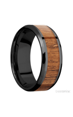 8 mm wide/Beveled/Zirconium band with one 5 mm Centered inlay of Desert Iron Wood.