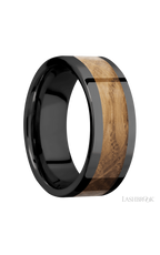 8 mm wide/Flat/Zirconium band with one 5 mm Centered inlay of Whiskey Barrel.