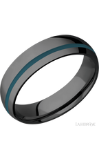 6 mm wide/Domed/Zirconium band with one 1 mm Off Center inlay of Ridgeway Blue.