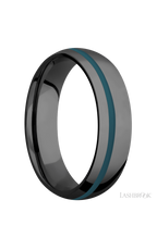 6 mm wide/Domed/Zirconium band with one 1 mm Off Center inlay of Ridgeway Blue.