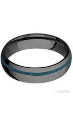 6 mm wide/Domed/Zirconium band with one 1 mm Off Center inlay of Ridgeway Blue.