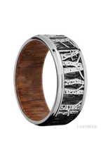 9 mm wide/Flat Grooved Edges/Cobalt Chrome band with a laser carved Aspen pattern also featuring a Leopard Wood sleeve.