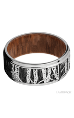 9 mm wide/Flat Grooved Edges/Cobalt Chrome band with a laser carved Aspen pattern also featuring a Leopard Wood sleeve.