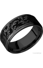 9 mm wide/Flat Grooved Edges/Zirconium band with a laser carved Black Leaf pattern.