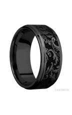 9 mm wide/Flat Grooved Edges/Zirconium band with a laser carved Black Leaf pattern.
