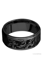 9 mm wide/Flat Grooved Edges/Zirconium band with a laser carved Black Leaf pattern.