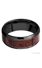 8 mm wide/Beveled/Zirconium band with one 5 mm Centered inlay of Dinosaur Bone Red.