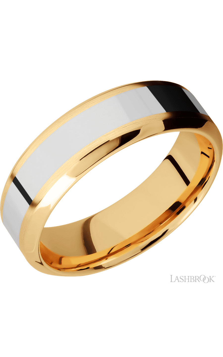 7 mm wide/High Bevel/14K Yellow Gold band with one 3 mm Centered inlay of 14K White Gold.