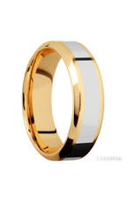 7 mm wide/High Bevel/14K Yellow Gold band with one 3 mm Centered inlay of 14K White Gold.
