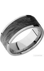 9 mm wide/Flat/Titanium band with one 7 mm Centered inlay of Forged Carbon Fiber.