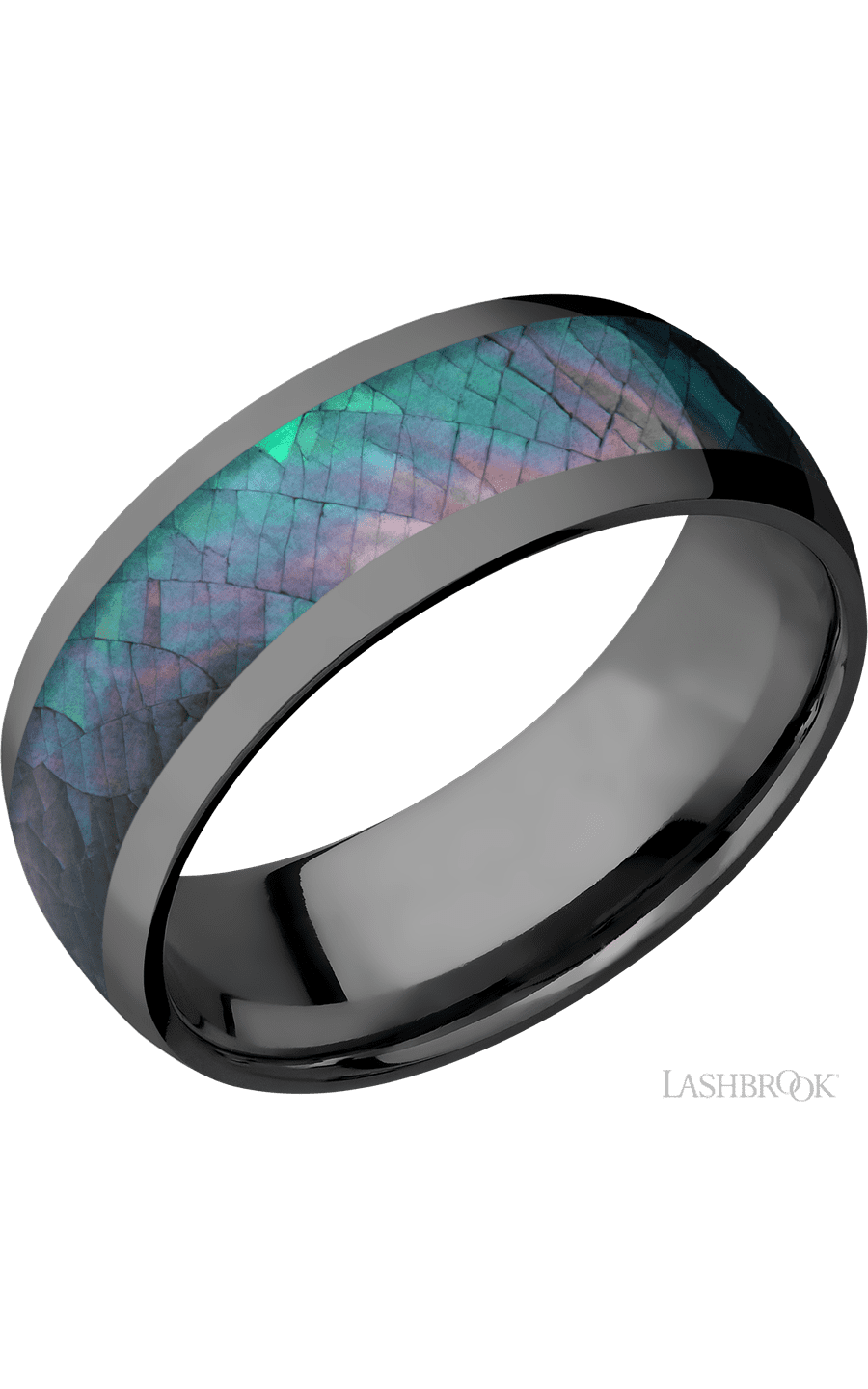 8 mm wide/Domed/Zirconium band with one 5 mm Centered inlay of Black Mother of Pearl.