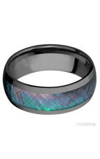 8 mm wide/Domed/Zirconium band with one 5 mm Centered inlay of Black Mother of Pearl.