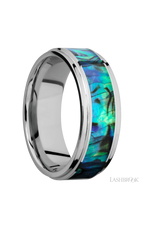 8 mm wide/Flat Grooved Edges/Cobalt Chrome band with one 5 mm Centered inlay of Abalone.