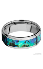 8 mm wide/Flat Grooved Edges/Cobalt Chrome band with one 5 mm Centered inlay of Abalone.