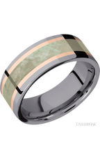 8 mm wide/Flat/Tantalum band featuring inlays of 14K Rose Gold and Freshwater Mother of Pearl.