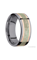 8 mm wide/Flat/Tantalum band featuring inlays of 14K Rose Gold and Freshwater Mother of Pearl.