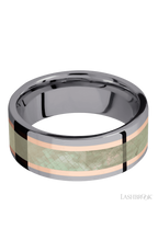 8 mm wide/Flat/Tantalum band featuring inlays of 14K Rose Gold and Freshwater Mother of Pearl.