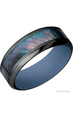 8 mm wide/High Bevel/Zirconium band with one 4 mm Centered inlay of Black Mother of Pearl also featuring a Crushed Orchid sleeve.