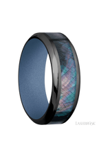 8 mm wide/High Bevel/Zirconium band with one 4 mm Centered inlay of Black Mother of Pearl also featuring a Crushed Orchid sleeve.