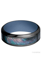8 mm wide/High Bevel/Zirconium band with one 4 mm Centered inlay of Black Mother of Pearl also featuring a Crushed Orchid sleeve.