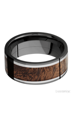 9 mm wide/Flat/Zirconium band featuring inlays of Titanium and Sapele.