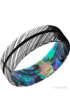 7 mm wide/Beveled/Woodgrain band with one 1 mm Centered inlay of Black also featuring a Abalone sleeve.