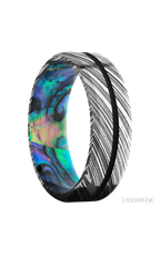 7 mm wide/Beveled/Woodgrain band with one 1 mm Centered inlay of Black also featuring a Abalone sleeve.