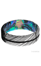 7 mm wide/Beveled/Woodgrain band with one 1 mm Centered inlay of Black also featuring a Abalone sleeve.