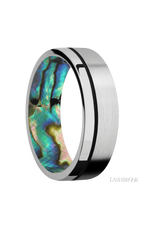 7 mm wide/Flat/14K White Gold band with one 0.5 mm Off Center inlay of Black also featuring a Abalone sleeve.