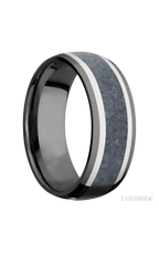 8 mm wide/Domed/Zirconium band featuring inlays of 14K White Gold and Blue Sapphire.
