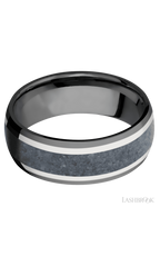 8 mm wide/Domed/Zirconium band featuring inlays of 14K White Gold and Blue Sapphire.